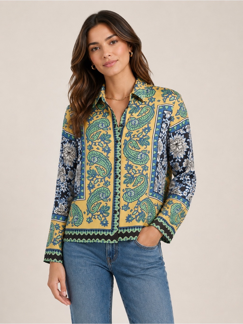 RACHEL ZOE Drop Shoulder Printed‎ Satin Button Up Shirt